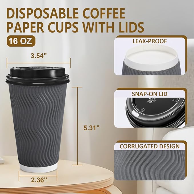 Disposable Coffee Cups with Lids, 16 oz, Gray, 100 Pack