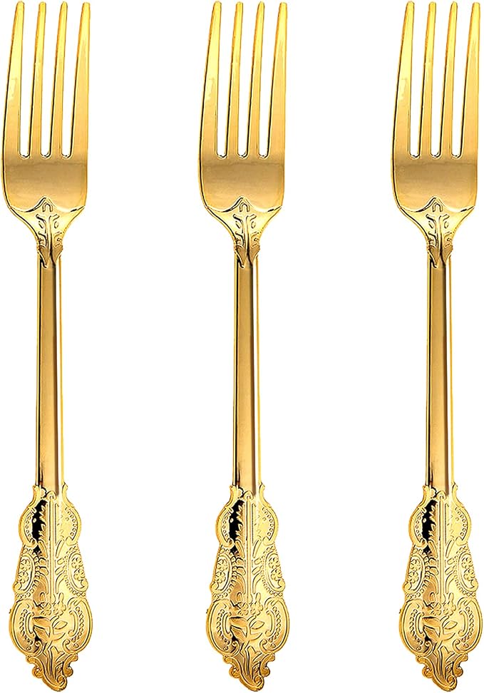 Disposable Gold Plastic Forks, 100 Count, 7.48 Inch Retro Party Forks