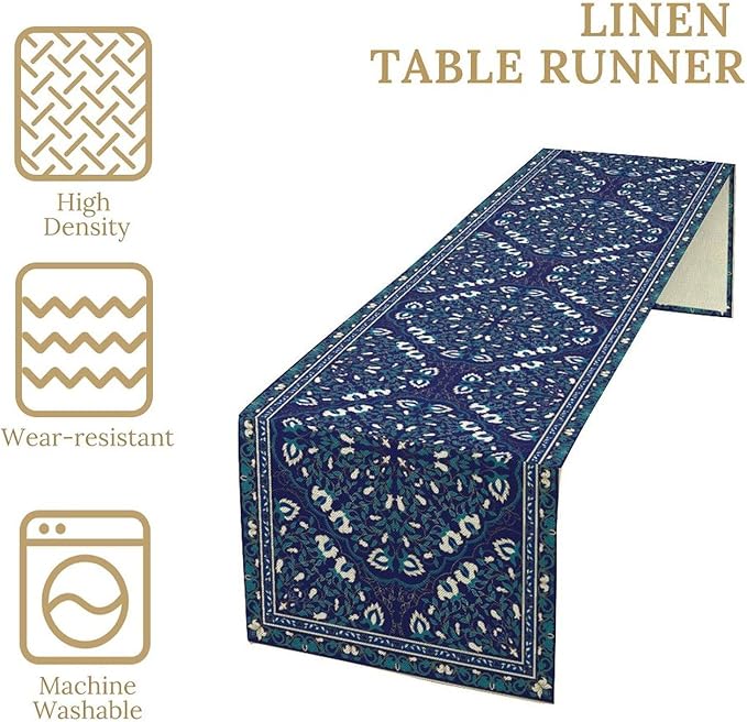 Boho Floral Vintage Table Runner, Retro Morris Abstract Blue Flower Rustic Country Farmhouse Pattern for Home Kitchen Table Decor Dining Coffee Room Wedding Party Decor 13x108in