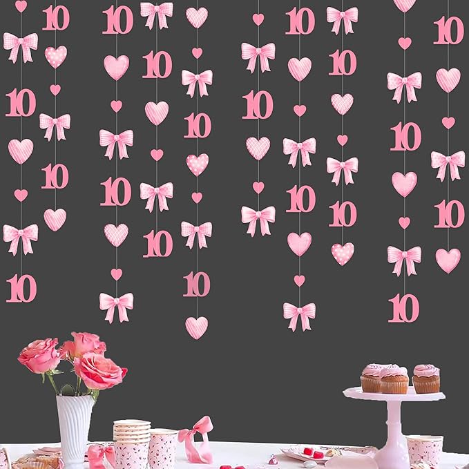 40Ft Pink 10th Bow Birthday Decorations Hot Pink Conquette Bow Heart Garland Streamer Banner for Girls Happy 10th Birthday Double Digits I'm 10 Cheers to 10 Years Old Anniversary Party Supplies