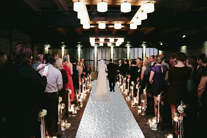 Silver Sequin Aisle Runner, 4 x 10 ft, 1 Piece for Weddings and Parties