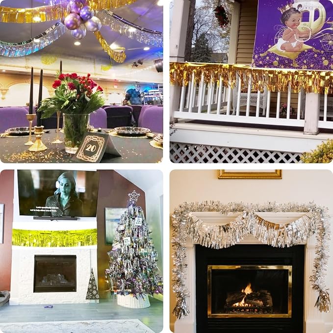 4 Pack Gold Total 40 Feet Foil Fringe Garland Metallic Tinsel Banner Wall Hanging Drapes Parade Float Skirting Decorations for Trailer Mardi Gras Party Birthday Wedding Baby Shower