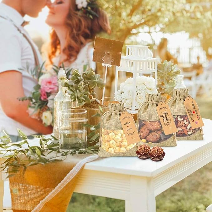 Burlap Gift Bags 6 x 9 Inch Sheer Drawstring Bags, 50 Count with Tags