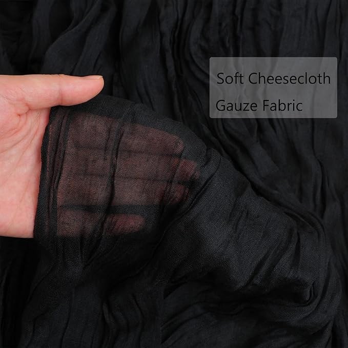 Snowkingdom 6PCS 13 Ft Black Cheesecloth Table Runner, 160 inch Long Cheese Cloth Boho Gauze Runners for Wedding Bridal Baby Shower Birthday Holiday Party Halloween Table Decorations