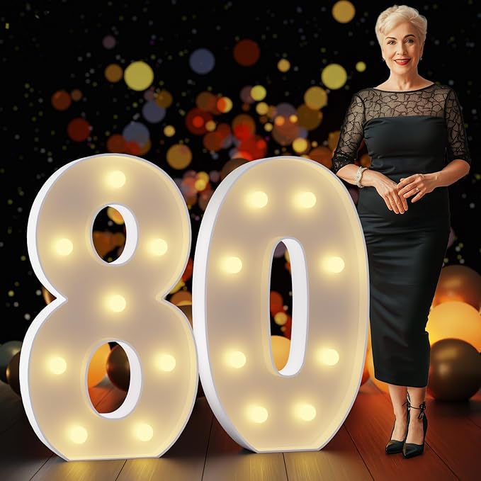 Party Decorations Light-Up Number 80 Marquee Sign, 3 Ft Tall, Yellow Lights