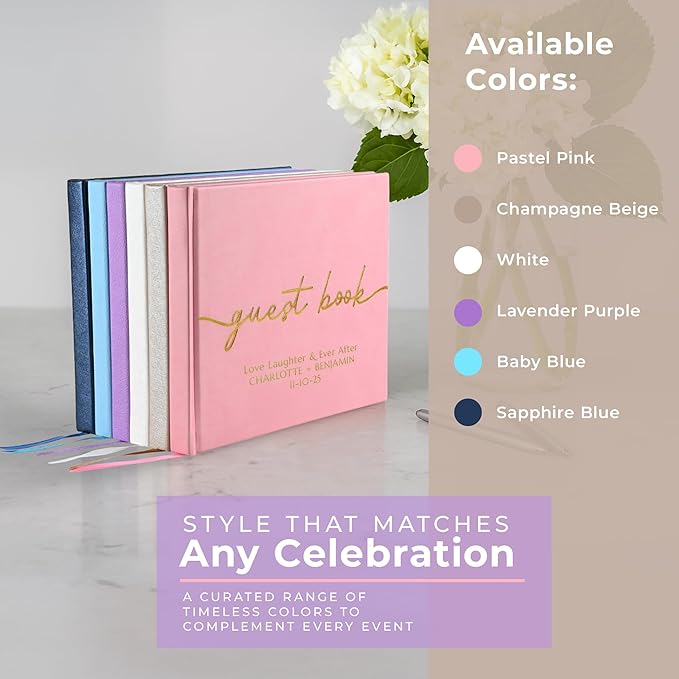 Guest Book with Vegan Leather Cover, 110 Lined Pages and Satin Ribbon