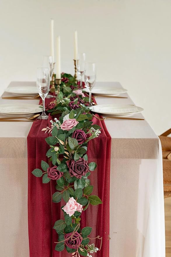 Ling's moment 5FT Burgundy Artificial Flower Garland Dusty Rose Leaves Floral Garland Arch Flowers Vine for Wedding Party Backdrop Decor Mantel Home Table Centerpieces Wall Decorations