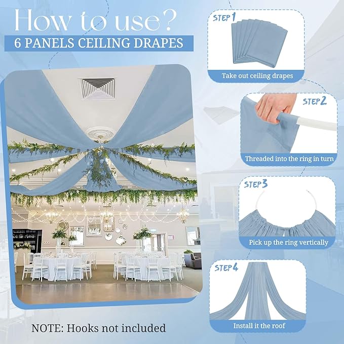 6 Panels Dusty Blue Ceiling Drapes for Wedding, 5ftx15ft Ceiling Drapes Cheesecloth Sheer Fabric Curtain Wedding Arch Draping Fabric Romantic Ceilings Decorations for Weddings Party Ceremony Stage