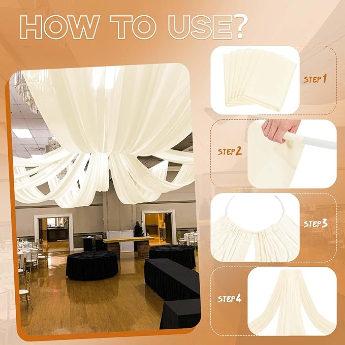 Ivory Ceiling Drapes for Wedding - 5ft x 15ft Sheer Curtain with Romantic Decorations for Party Banquet Ceremony Stage