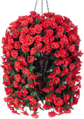 Artificial Fake Red Hanging Flowers Plants Baskets for Outdoor Winter Christmas, Faux Silk UV Resistant Look Real Morning Glory Vines for Outside Porch Patio Balcony Garden Yard Home Decor