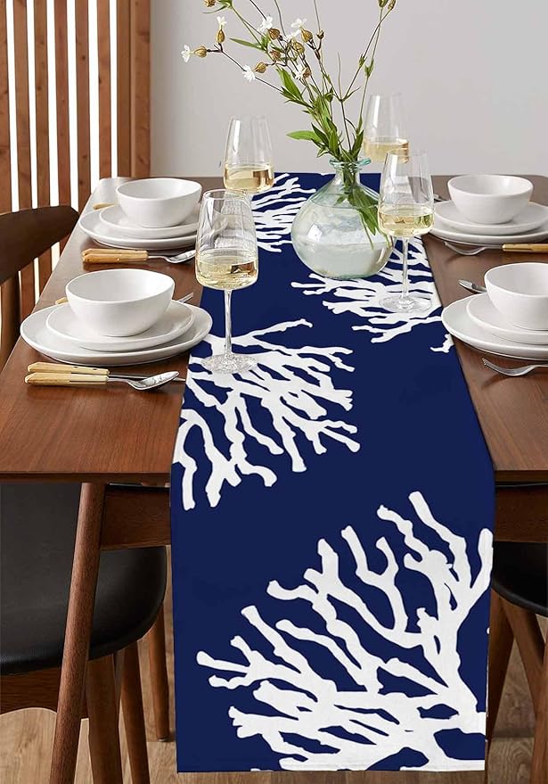 Coastal Coral Cotton Linen Table Runner for Dining Kitchen, Wedding Outdoor Party Tablerunners Decoration, Navy Blue Nautical Ocean Beach Dresser Scarf Coffee Tablecloth Runners 13x72 Inches