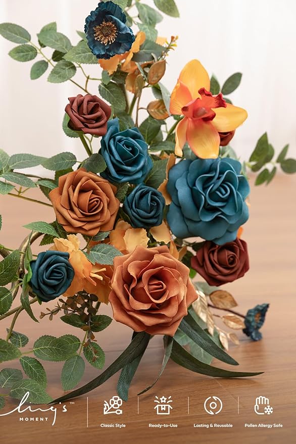 Artificial Floral Swag Pair, Teal and Orange Silk Flowers, Rustic Wedding Decor