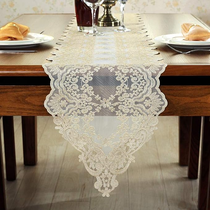 ARTABLE Rectangle Table Runner Lace Macrame Embroidered Table Runners with Exquisite Vintage Shabby Chic for Holiday Wedding Long Dinner Tables (Light Gold, 12 x 108 Inch)