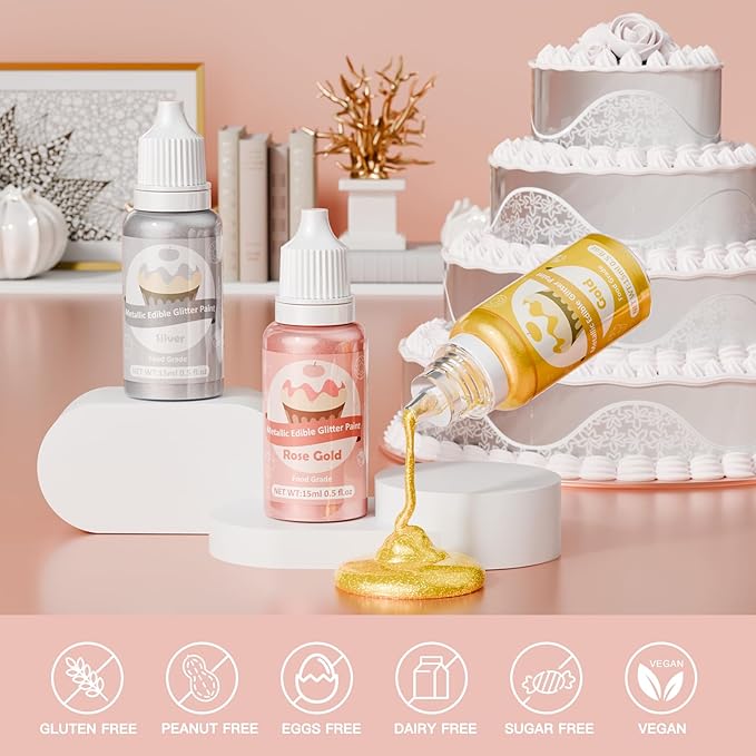 Edible Glitter Paint - 3 Colors Glitter Decorative Cake Paint Metallic Glitter, Food Grade Paint Edible Paint for Cake Decorating, Baking, Candy, Cookie, Chocolate -0.5 fl.oz(15ml)/Bottle (Gold, 3 color)
