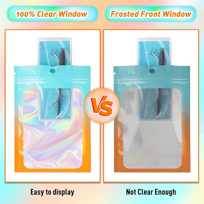 Funfery 100 Pack Holographic Bags,Mylar Resealable Bags with Zipper,Clear Window Packaging Pouch,Foil Bag for Food Storage,Sample Jewelry Bag(4×6in,Blue Orange)