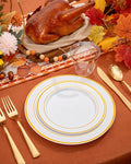 Plates: 300 Count White Plastic Round Disposable Party Plates with Gold Trim
