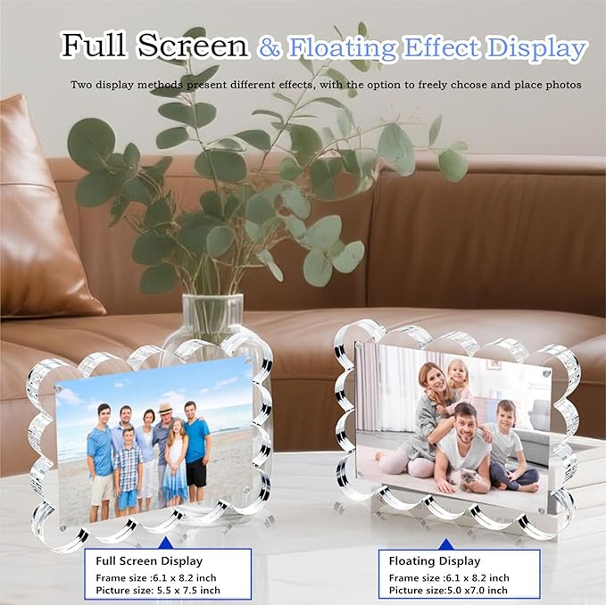3 Pack 5x7 Inch Magnetic Acrylic Picture Frame,10+10mm Thick Block,Double Sided Clear scalloped frames for Desktop Display | Trendy Home Gift ((3 Pack), 5X7)
