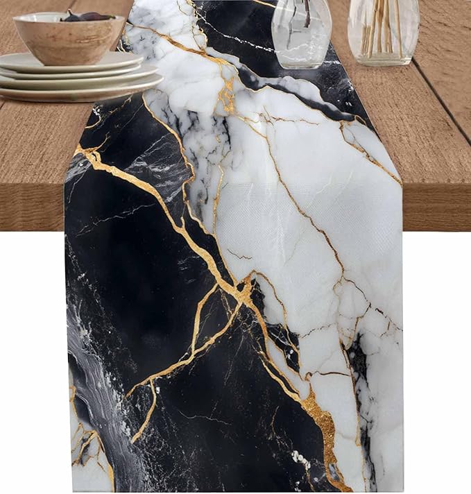 Black White Marble Cotton Linen Table Runner for Dining Kitchen, Wedding Outdoor Party Tablerunners Decoration, Nature Marble Crack Modern Art Dresser Scarf Coffee Tablecloth Runners 13x90 Inches