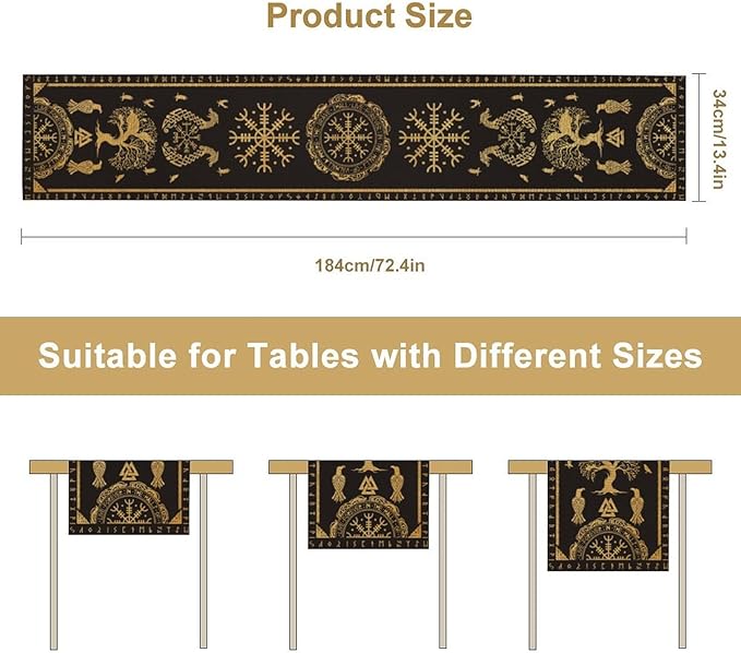 Viking Tree of Life Abstract Table Runner for Living Room Home Party Coffee Dining Party Wedding Golden Black Celtic Style Geometric Dragon Boat Rudder Ancient Script Table Runner 13x70 Inch