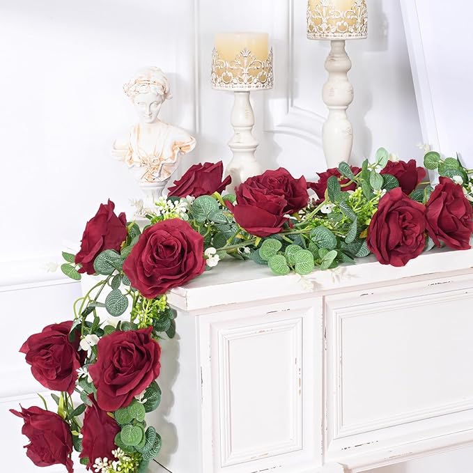 Dolicer 4Pcs 26Ft Artificial Eucalyptus Garlands with Flowers - 8 Roses, Faux Floral Greenery Garlands Fake Flowers Vines for Wedding Table Centerpieces Arch Party Ceremony Backdrop Decor (Red)