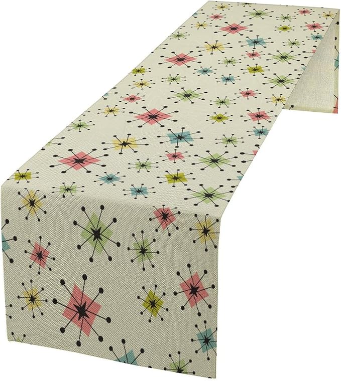 Mid Century Table Runner, Flag Retro Atomic Starburst 1950s Abstract Geometric Space Tabletop Decoration for Home Kitchen Restaurant Table Flag 13x108 Inch