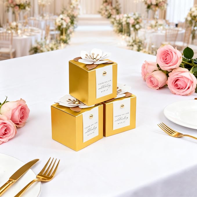 Gift Boxes, 20 Gold Candy Boxes with White Floral Decor and Thank You Tags