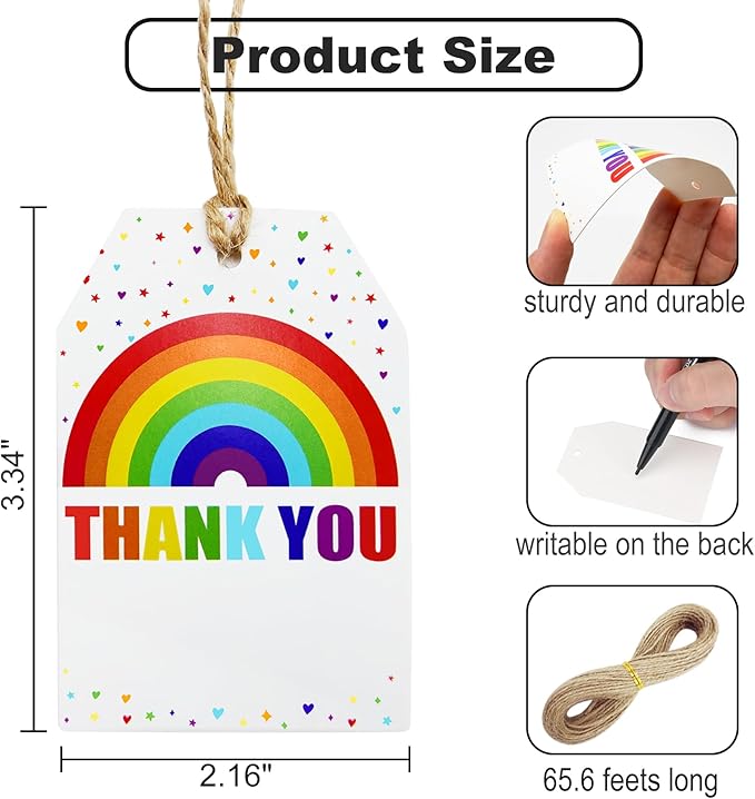 100Pcs Rainbow Heart Gift Tags with String Large Thank You Gift Tags Presents with 65 FT Jute Twine Personalized Tags for Wedding Baby Shower Birthdays Party Gift Wrap Tags