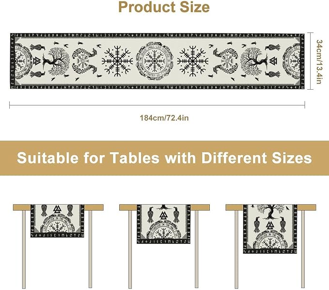 Ancient Abstract Pattern Table Runner, Tree of Life Eagle Dragon Boat Rudder Black and White Table Runner for Party Kitchen Dinner Cafe Bedroom Living Room Outdoor 13x70 Inch
