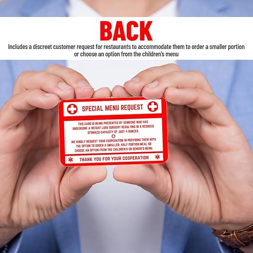 Bariatric Card for Restaurants, Special Menu Request Card, Portion Control Restaurant Request for Bariatric or Gastric Sleeve Patients, Wallet Sized, Set of 2 Cards (2, White, 3.375in x 2.125in)