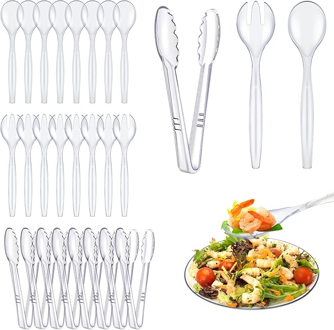 Serving Spoons, Tongs and Forks Set, 24 Count Clear Plastic Disposable