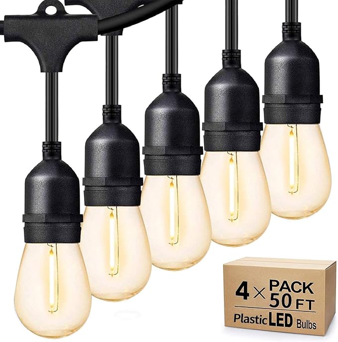 String Lights 200 FT Black Cord with 16 Shatterproof Warm White Bulbs