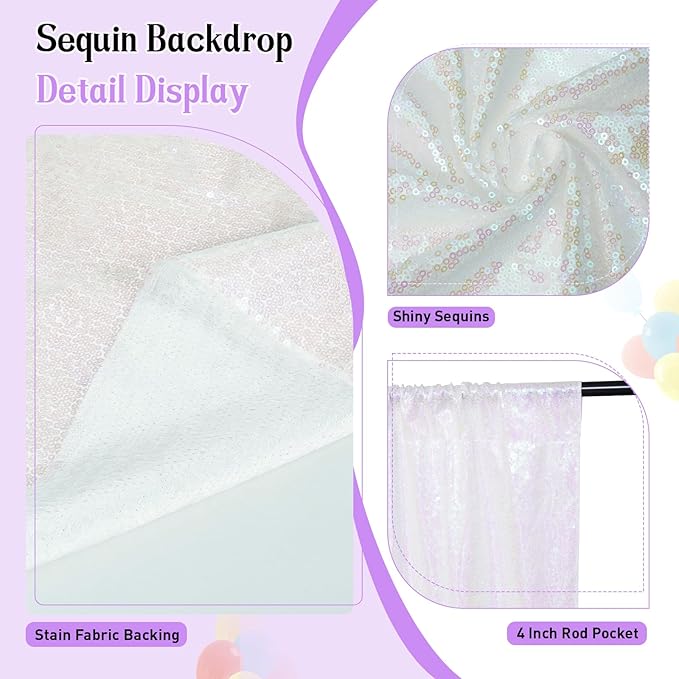 SquarePie Sequin Backdrop Curtain Not See Through Thick Glitter Background for Party 8FT x 8FT Iridescent