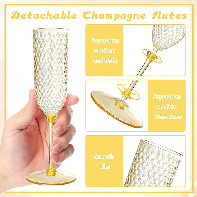 Champagne Glasses, 48 Pack Amber Detachable Plastic Flutes 5.5 Oz