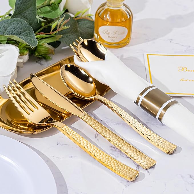 Disposable Spoons Set, 50 Count Gold Plastic with Pre-Rolled Napkins