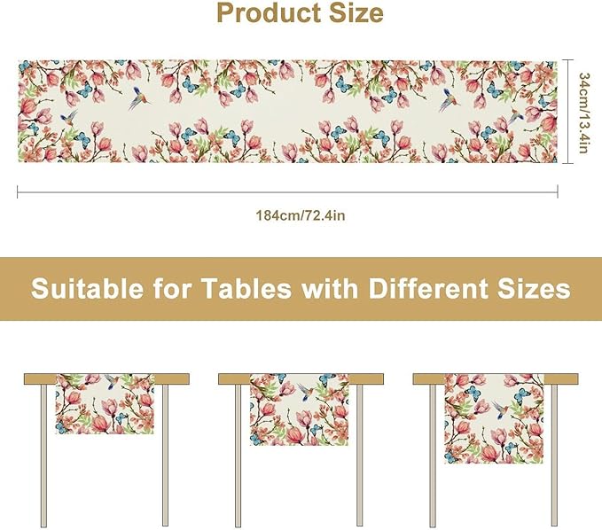 Flowers Table Runner,Floral Bird Butterfly Spring Table Cloth Kitchen Dining Table Home Party Decoration 13x120 Inch