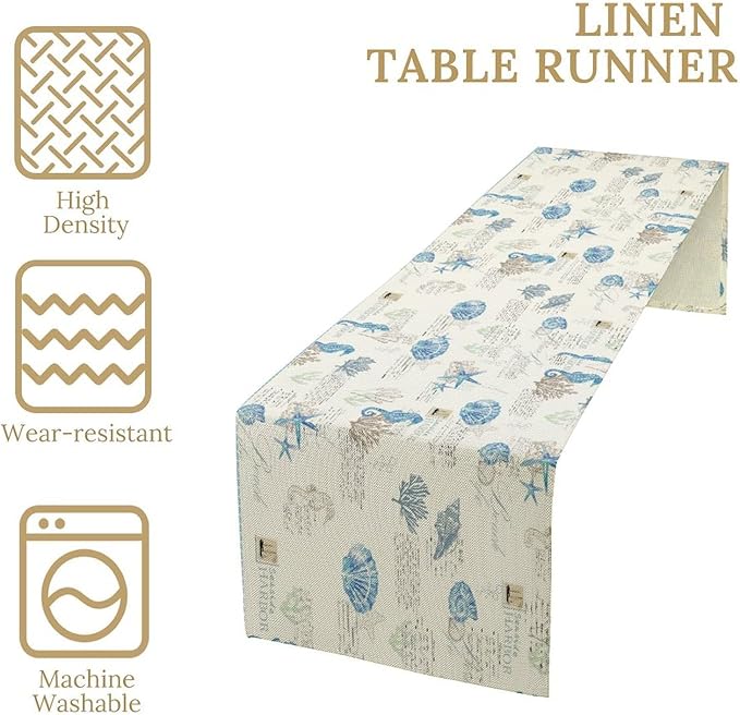 Starfish Table Runner,Vintage Nautical Seashell Tropical Beach Theme Coastal Ocean Sea Burlap for Hotel Indoors Outdoor Dining Room Kitchen Tablecloth, 13x70in