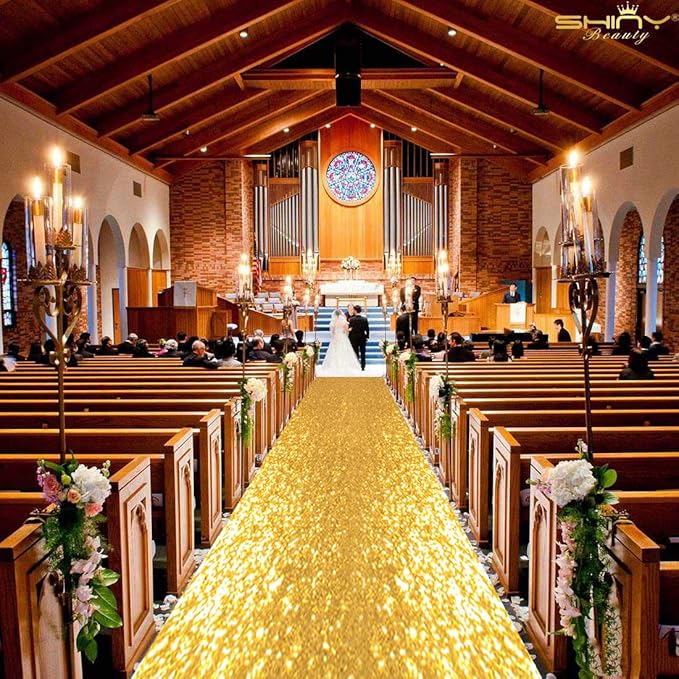 Aisle Runner, Gold Sequin, 2 ft x 15 ft, One-Piece Floor Runner