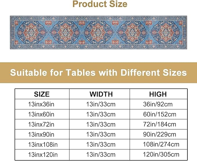 Boho Floral Vintage Table Runner, Retro Abstract Blue Flower Rustic Country Farmhouse Pattern for Home Kitchen Table Decor Dining Coffee Room Party Decor 13x72in
