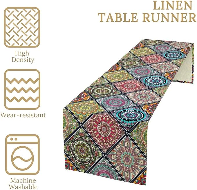 Boho Bohemian Table Runner, Vintage Indian Floral Print Table Cover for Farmhouse Kitchen Dining Table Decor Holiday Party, 13x70inch