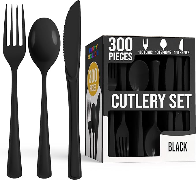 Disposable Plastic Cutlery Set, 300 Pieces, Black Heavy Duty
