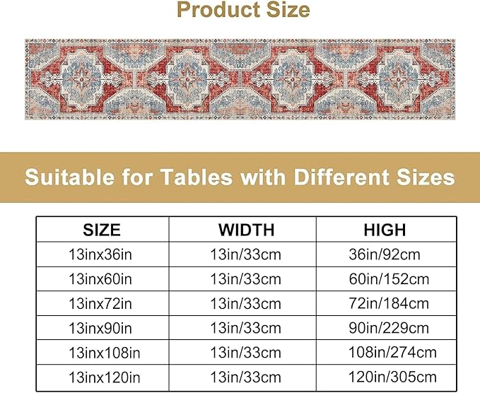 Boho Floral Vintage Table Runner, Retro Blue Red Flower Rustic Country Farmhouse Abstract Pattern for Home Kitchen Table Decor Dining Coffee Room Party Decor 13x36in