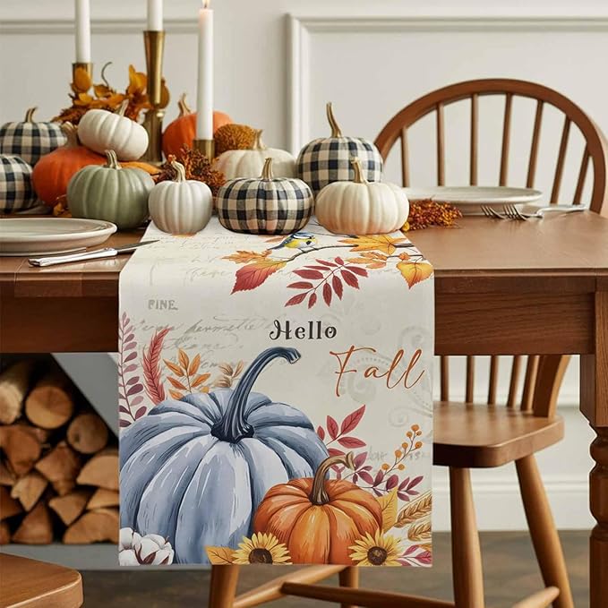 Thanksgiving Fall Cotton Linen Table Runner for Dining Kitchen, Blue Pumpkins Rustic Wedding Outdoor Party Autumn Tablerunners Decoration, Leaves Dresser Scarf Coffee Tablecloth Runners 13x108 Inches