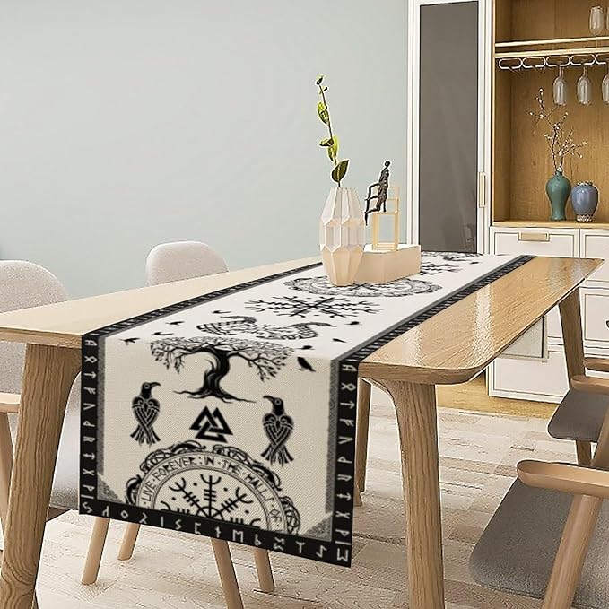 Ancient Abstract Pattern Table Runner, Tree of Life Eagle Dragon Boat Rudder Black and White Table Runner 13x108 Inch