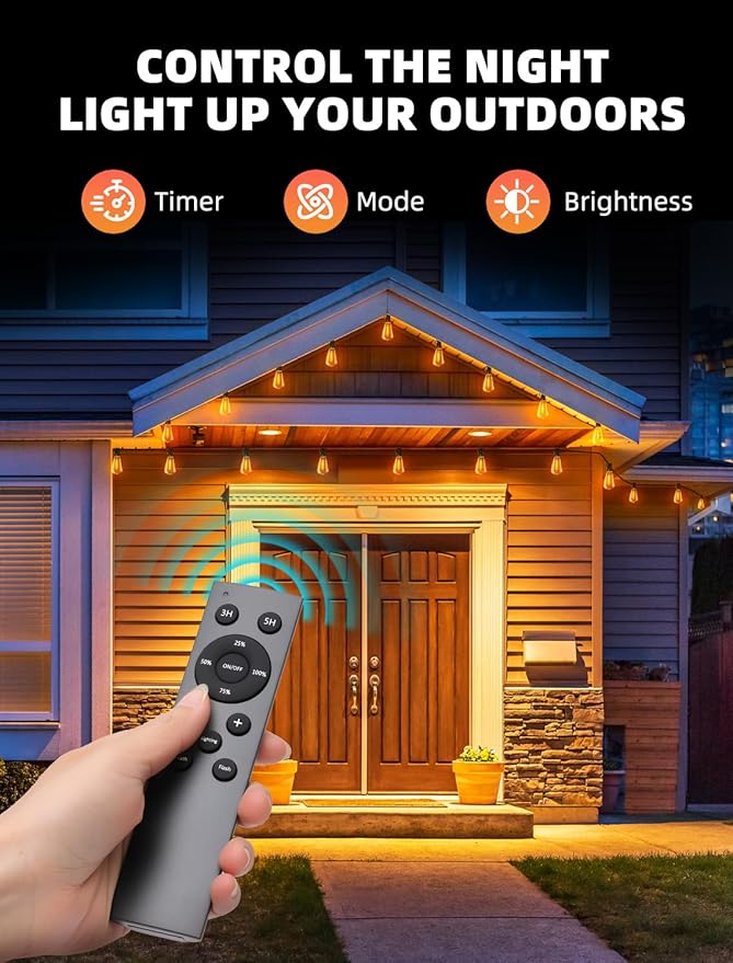 String Lights 50 Ft Outdoor Patio Edison Bulbs with Remote