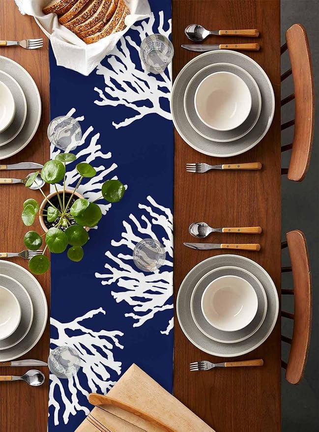 Coastal Coral Cotton Linen Table Runner for Dining Kitchen, Wedding Outdoor Party Tablerunners Decoration, Navy Blue Nautical Ocean Beach Dresser Scarf Coffee Tablecloth Runners 13x48 Inches