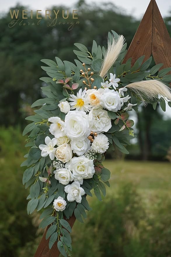 Artificial Wedding Arch Flower Swags, 2-Pack, Cream Champagne Silk Rose Decor