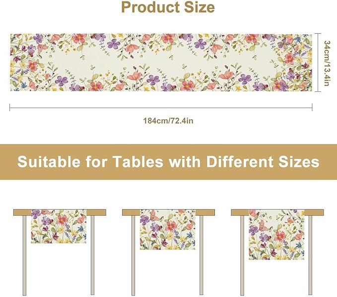Floral Table Runner,Flowers Plant Print Spring Table Runner for Kitchen Dining Table Decoration for Home Party Decor 13x60 Inch