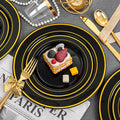 Plates for 25 Guests, Black Plastic with Gold Trim
