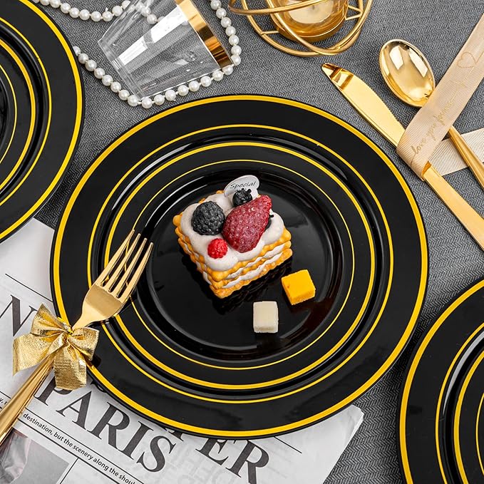 Plates for 25 Guests, Black Plastic with Gold Trim