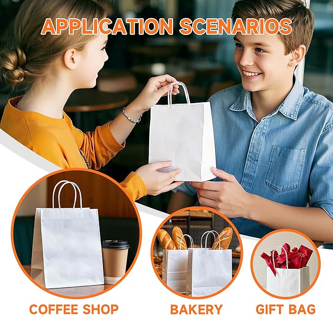 Small White Kraft Paper Gift Bags with Handles, 100 Count